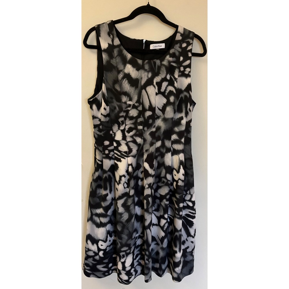 Calvin Klein Womens Black White Grey Abstract Print Pleated Sheath Dress Size 12